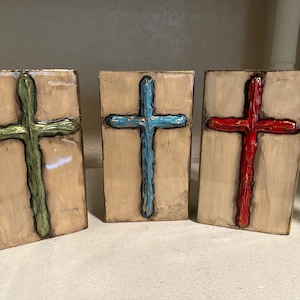 Textured Cross Hand Painted Wood Art Block Various Sizes Colors by Two Girls Who Make Crosses