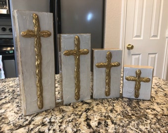 Gold Cross Hand Painted Textured Art Block by Two Girls Who Make Crosses