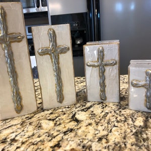 Cross Block Silver and Gold Cross Hand Painted Textured Art Block Multiple Sizes by Two Girls Who Make Crosses