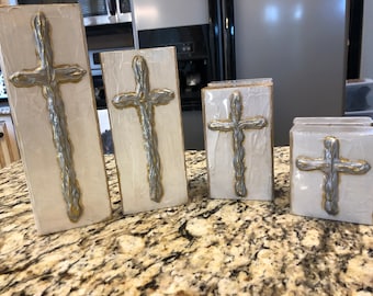 Cross Block Silver and Gold Cross Hand Painted Textured Art Block Multiple Sizes by Two Girls Who Make Crosses