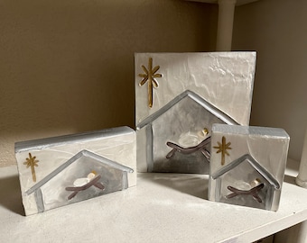 Nativity Christmas Jesus Texture Hand Painted Wood Art Blocks