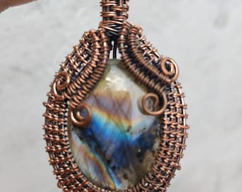 Handmade Copper Wire Wrapped Labradorite Pendant: Boho Gemstone Necklace