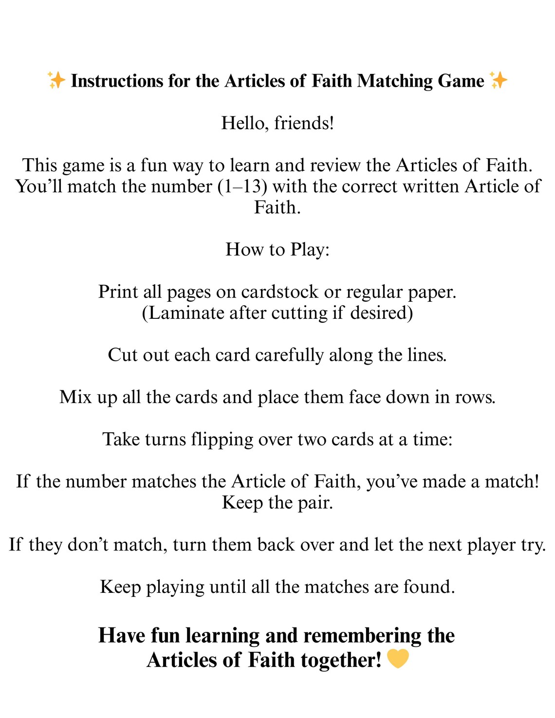 LDS Articles of Faith Matching Game | Primary Activity (digital ...