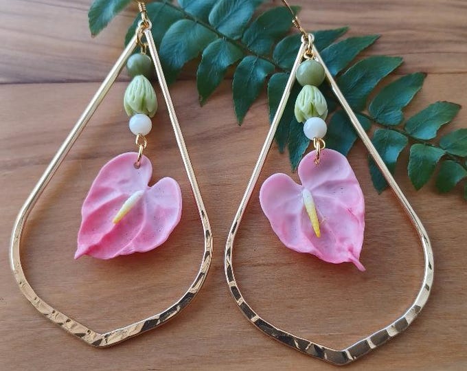 Pink Anthurium Flower Jade Pikake Bud Flower Earrings