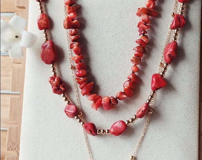 Red Magnesite Coral Chunky Hematite Necklace  16"