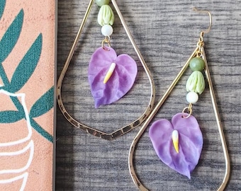 Purple Anthurium Flower Jade Pikake Bud Flower Earrings
