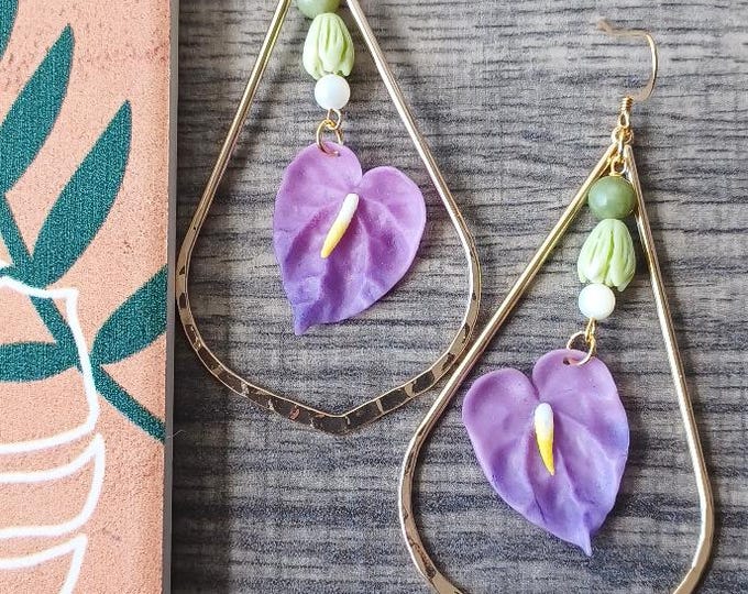 Purple Anthurium Flower Jade Pikake Bud Flower Earrings