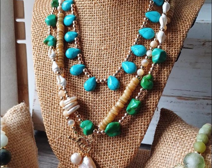 Chunky Turquoise Howlite Coin Pearls Seashells Hematite Necklace 16"