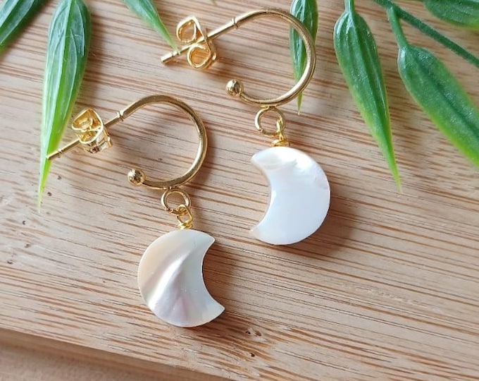 Cresent Moon Mother of Pearl Gold Hoop Earrings