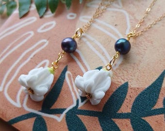 Crown Flower Peacock Pearl Necklace Gold Filled 16"