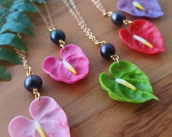 Anthurium Flower Peacock Pearl Necklace Gold Filled 16" 18" 20"