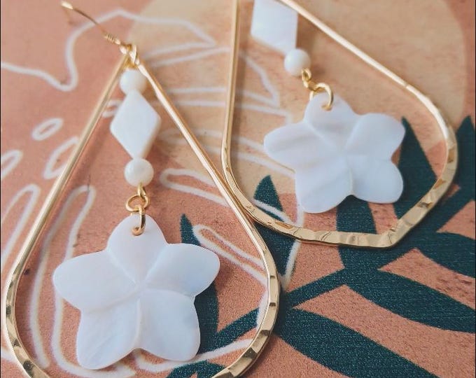Mother of Pearl Plumeria Flower Gold Hoop Earrings