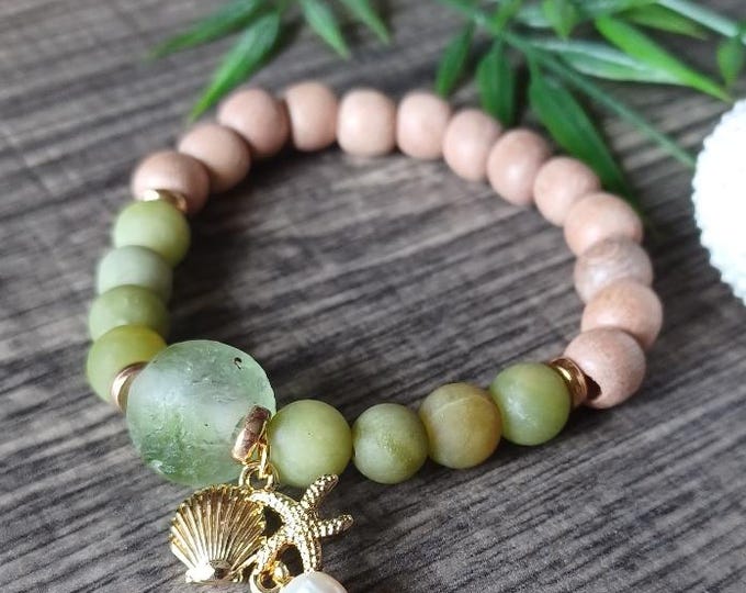 Rosewood Diffuser Bracelet: Ghana Sea Glass, Aromatherapy Jewelry