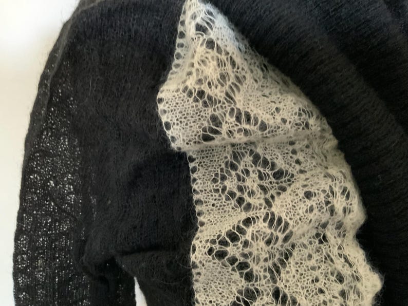 May include: Close-up of a black knit sweater with a white, open-weave lace panel. The lace has a delicate, intricate pattern. The sweater appears soft and textured, with a focus on the contrast between the black and white elements.