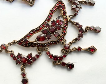 Antique Bohemian Garnet Necklace Czech Victorian Festoon Red Garnet Drop Necklace