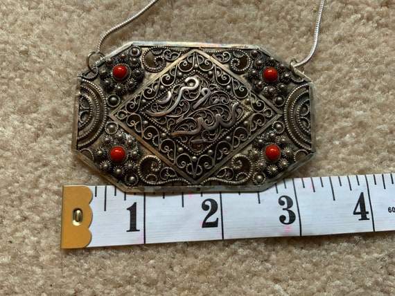 Silver and coral Arabic (?) pendant on chain, nec… - image 1