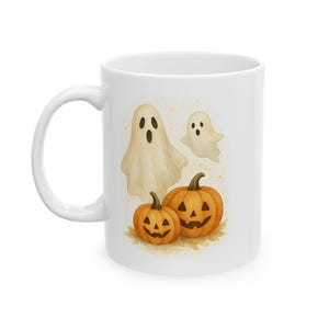 Spooky Halloween Mug, Ghosts and Pumpkins Ceramic Cup, Halloween Gift, Fall Decor, Cozy Beverage Mug, Holiday Coffee Mug