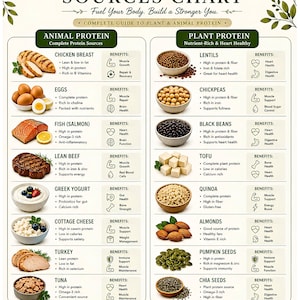 May include: A Protein Sources Chart infographic featuring two columns: Animal Protein and Plant Protein. It lists various food items like chicken, eggs, salmon, beef, yogurt, cheese, turkey, tuna, lentils, chickpeas, beans, tofu, quinoa, almonds, seeds, and their benefits.