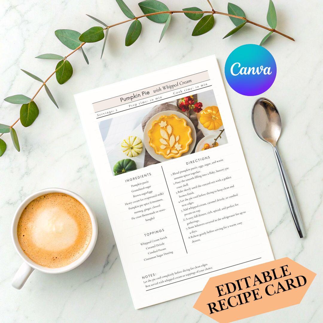 Editable Recipe Card Template Canva: Printable DIY Cookbook (instant ...