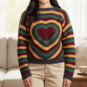 Crochet Heart Sweater Pattern | Striped Pullover, Beginner Friendly (PDF)