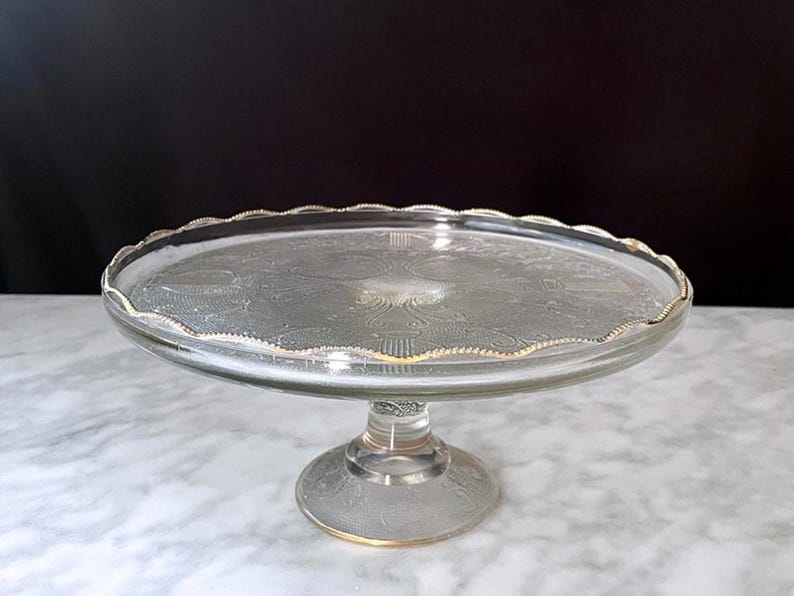 Vintage Jeannette Harp Cake Stand: Midcentury Gold Rim Pedestal - Etsy