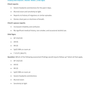 Puede incluir: Captura de pantalla de un dispositivo móvil que muestra un estudio de caso de enfermería. La pantalla muestra información del paciente, incluidos los signos vitales y los síntomas, y una pregunta sobre el seguimiento requerido. El texto incluye terminología médica.