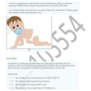 Puede incluir: Captura de pantalla de un teléfono inteligente con una pregunta de examen médico. La pregunta trata sobre un bebé de 6 meses que recibe una vacunación. La imagen incluye un bebé de dibujos animados con un chupete y un diagrama.