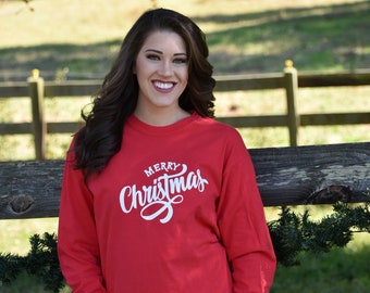 Christmas Long Sleeve T-Shirt, Merry Christmas Comfort Color Tee, Long Sleeve Red Crew Neck T-Shirt for Women, Comfort Colors Holiday Shirt