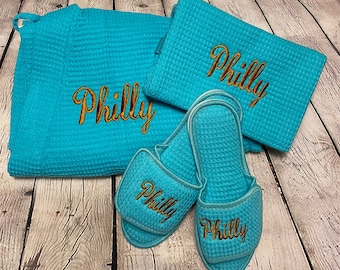 Bridesmaid Gift, Spa Robe Gift Set, Waffle Weave Slippers Matching Cosmetic Bag Set, Personalized Loungewear, Sorority Gift, Gift for Her