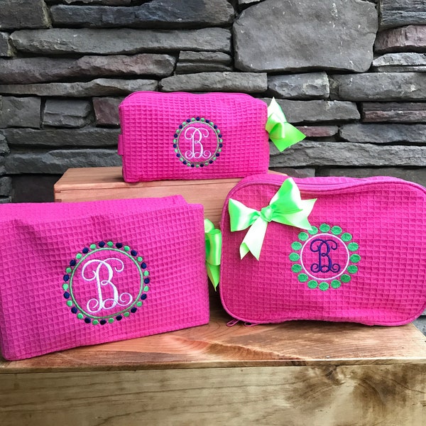 Cosmetic Bag Set Personalized, Small Large XL Makeup Carry Case Set of 3, Waffle Weave Monogrammed Gift Travel Bag Set, N 9/28