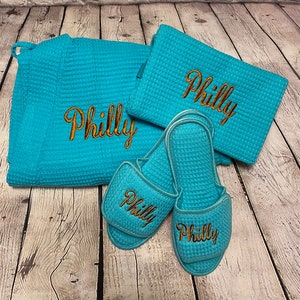 Bridesmaid Gift, Spa Robe Gift Set, Waffle Weave Slippers Matching Cosmetic Bag Set, Personalized Loungewear, Sorority Gift, Gift for Her image 1