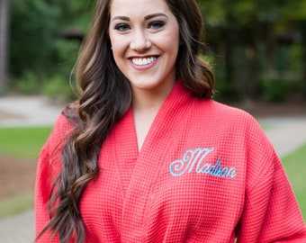 Red Waffle Weave Kimono Spa Robe, Christmas Red Robe, Personalized Women's Dressing Gown, College Dorm Shower Cover Up, N6