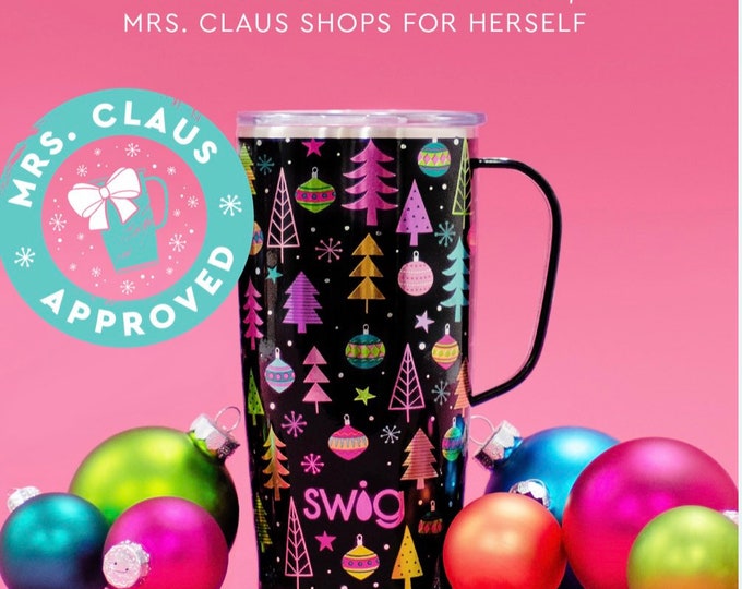 Merry & Bright Holiday Personalized SWIG Life Mug, 22 Oz Insulated Tumbler, Hot Cocoa Mug