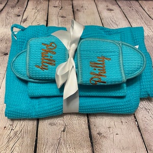 Bridesmaid Gift, Spa Robe Gift Set, Waffle Weave Slippers Matching Cosmetic Bag Set, Personalized Loungewear, Sorority Gift, Gift for Her image 5