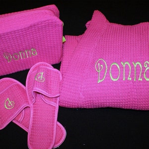 Bridesmaid Gift, Spa Robe Gift Set, Waffle Weave Slippers Matching Cosmetic Bag Set, Personalized Loungewear, Sorority Gift, Gift for Her image 2