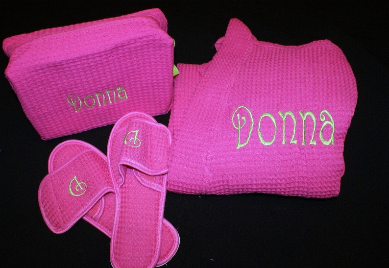 Bridesmaid Gift, Spa Robe Gift Set, Waffle Weave Slippers Matching Cosmetic Bag Set, Personalized Loungewear, Sorority Gift, Gift for Her image 2