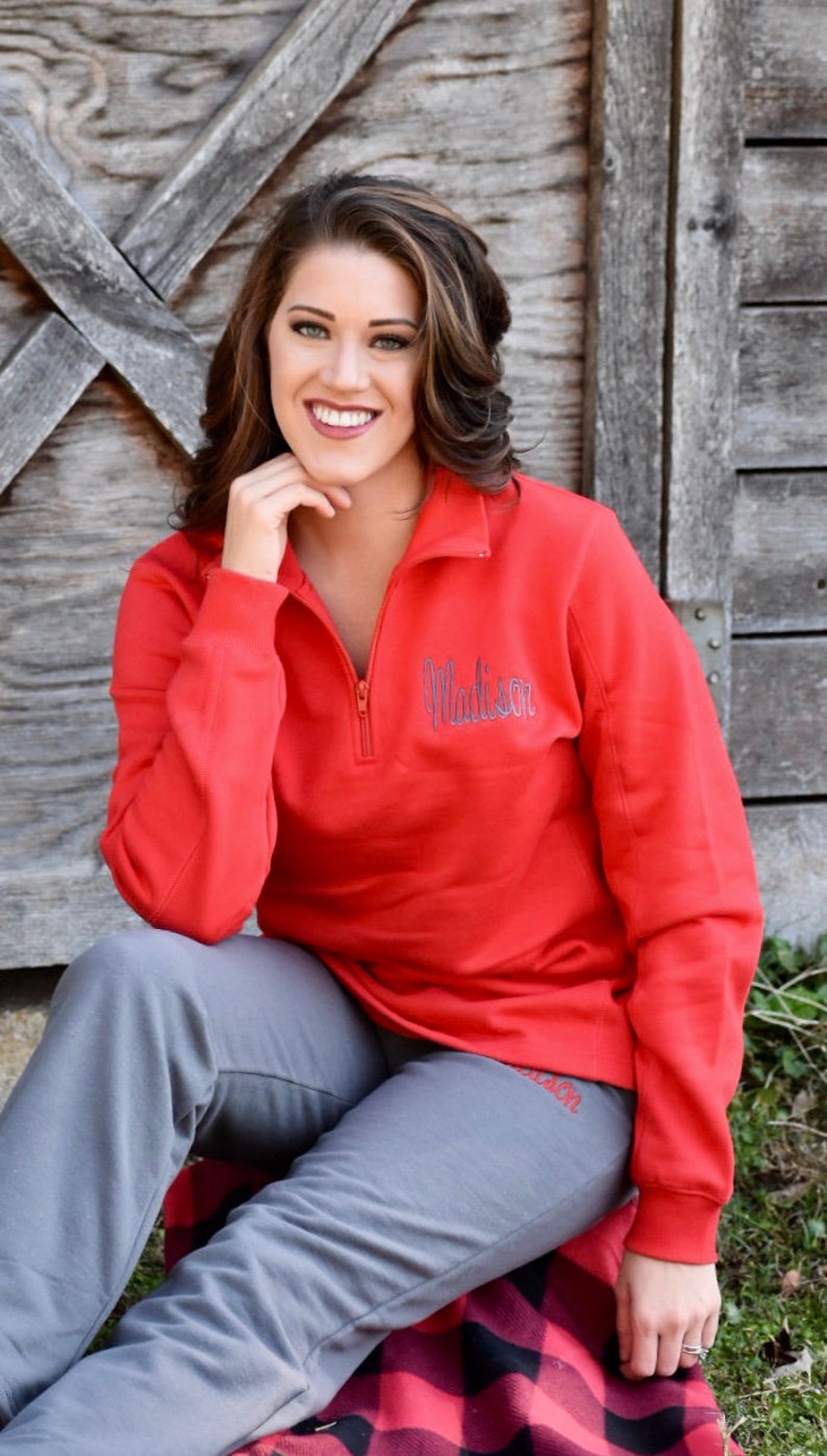 Personalized Quarter Zip Warm Cover Up Sport Tek Fleece Pull Over Shirt Ladies Fleece 14 Zip Red Monogrammed Long Sleeve Pull Over