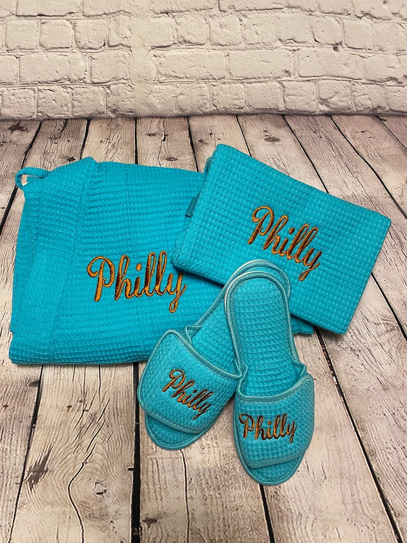 Bridesmaid Gift, Spa Robe Gift Set, Waffle Weave Slippers Matching Cosmetic Bag Set, Personalized Loungewear, Sorority Gift, Gift for Her image 1