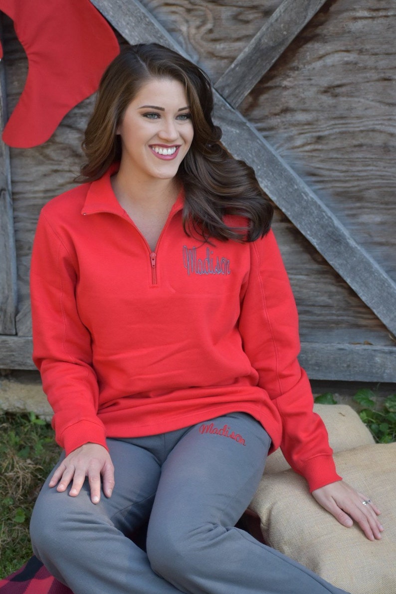 Personalized Quarter Zip Warm Cover Up Sport Tek Fleece Pull Over Shirt Ladies Fleece 14 Zip Red Monogrammed Long Sleeve Pull Over