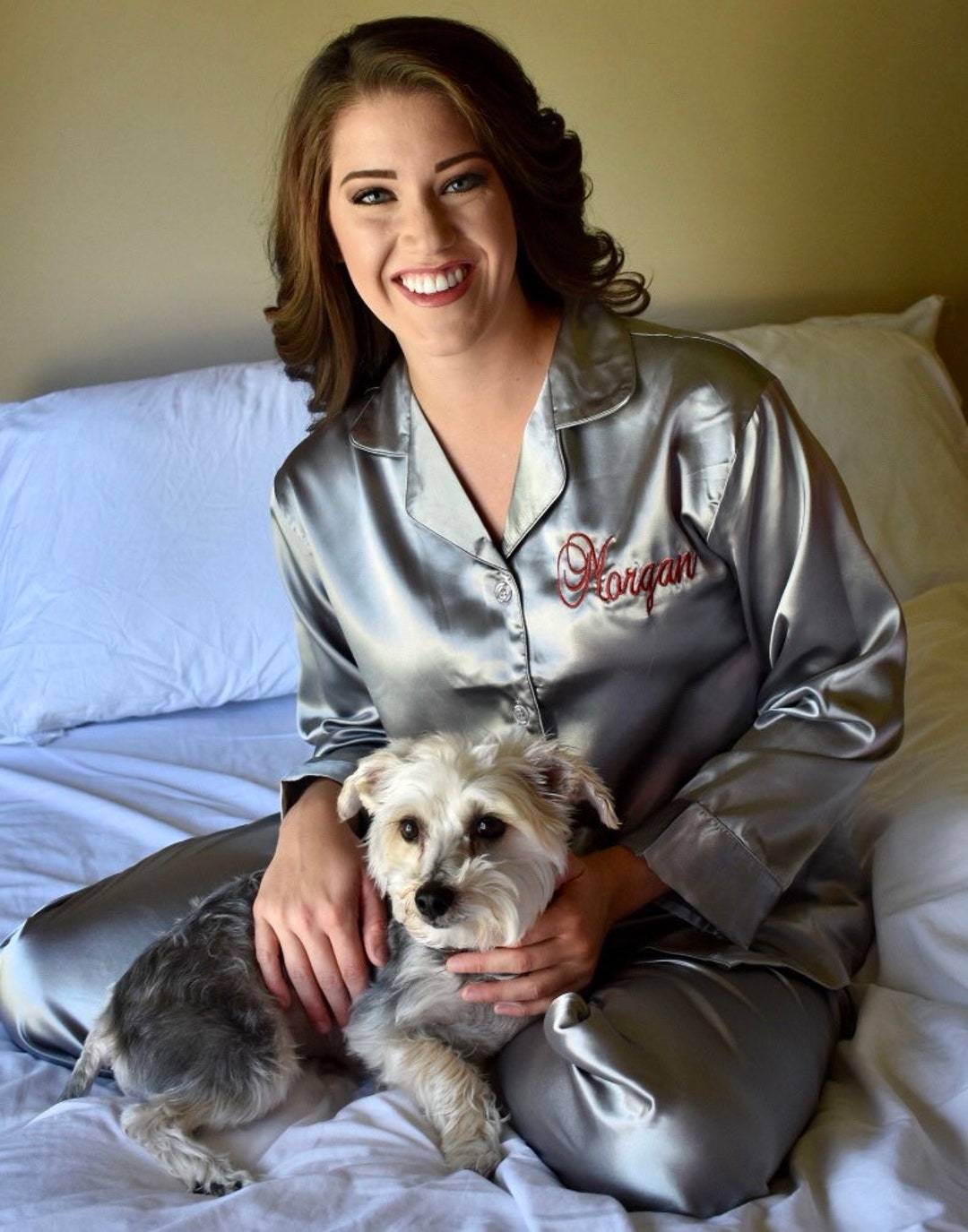 Grey Satin Pajama Set Personalized, Sleep Top and Long Pants ...