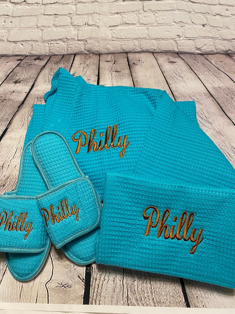 Bridesmaid Gift, Spa Robe Gift Set, Waffle Weave Slippers Matching Cosmetic Bag Set, Personalized Loungewear, Sorority Gift, Gift for Her image 4