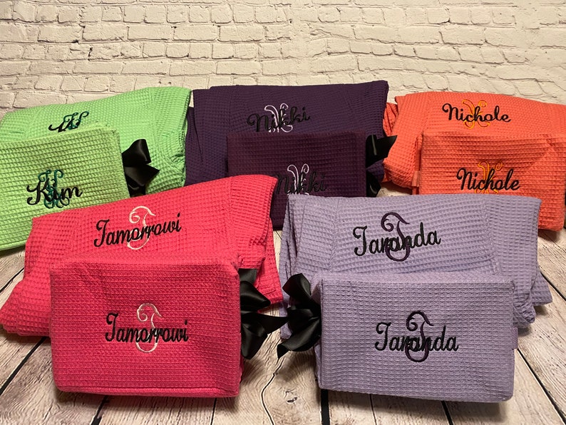 Bridesmaid Gift, Spa Robe Gift Set, Waffle Weave Slippers Matching Cosmetic Bag Set, Personalized Loungewear, Sorority Gift, Gift for Her image 6