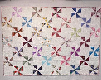 Grandmother's Flower Garden Handmade Quilt, Patchwork Bedspread, 100% Cotton