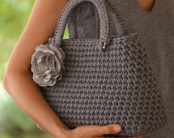 Crochet Bag Pattern: Elegant T-Shirt Yarn Purse with Flower (PDF Pattern)