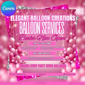 Puede incluir: Un folleto rosa con el texto "Elegant Balloon Creations" y "Balloon Services". Anuncia servicios para eventos corporativos, fiestas de cumpleaños y más. El folleto incluye globos rosas y detalles de purpurina plateada.