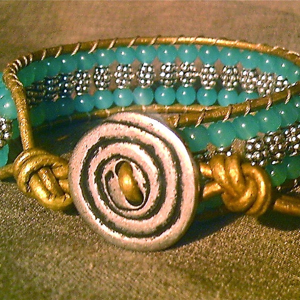 Blue Chalcedony Leather Wrap and Tibetan Silver Bead Bracelet