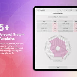 May include: A digital tablet displaying a Life Balance Overview template with a pink hexagonal radar chart, score tables for various life areas, and navigation tabs. Text on the screen includes 5+ Personal Growth Templates.