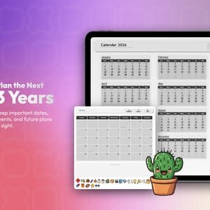May include: A digital tablet displaying a 2026 calendar interface with monthly grids, alongside a smaller window showing a monthly planner view with various colourful icons and a small cartoon cactus in a brown pot at the bottom right.