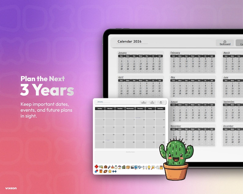 May include: A digital tablet displaying a 2026 calendar interface with monthly grids, alongside a smaller window showing a monthly planner view with various colourful icons and a small cartoon cactus in a brown pot at the bottom right.