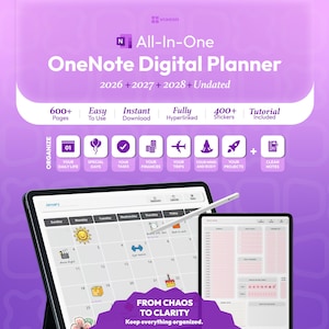 May include: A digital planner for OneNote displayed on two tablets with a stylus. The purple interface features text including All-In-One OneNote Digital Planner 2026 2027 2028 Undated, 600+ Pages, 400+ Stickers, and From Chaos To Clarity Keep everything organised.
